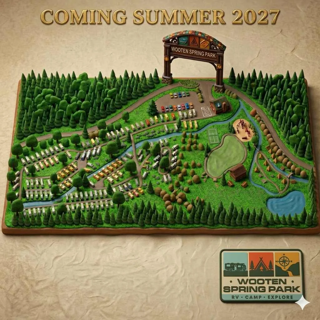 A detailed model map of Wooten Spring Park featuring camping sites, a lake, a pond, a playground, picnic areas, a sports court, a forested area, parking lots, and a welcome sign at the entrance. The text at the top reads 'Coming Summer 2027'.