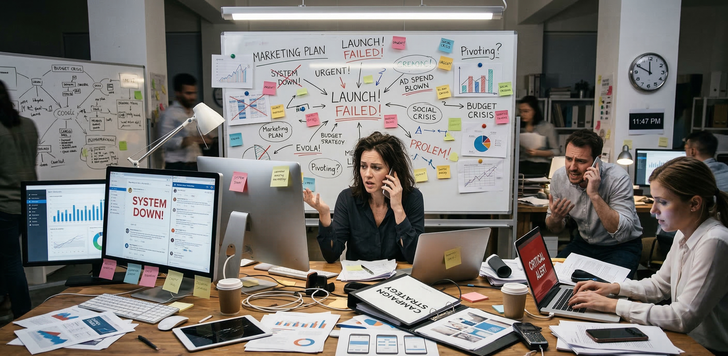 Office scene with stressed employees surrounded by papers, multiple monitors, and a whiteboard with charts and notes indicating a failed project, system down alert, and urgent issues.