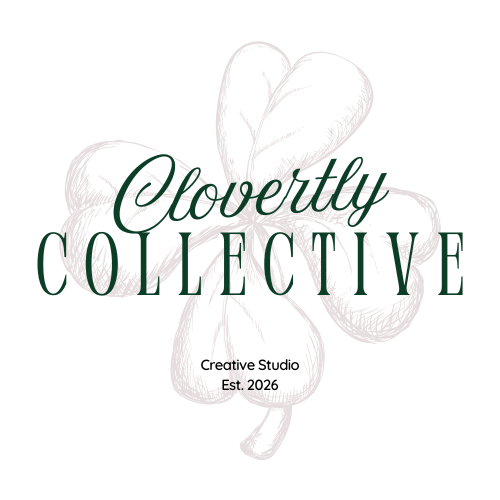 Logo for Clovertly Collective, a creative studio established in 2026, featuring a green shamrock design in the background.