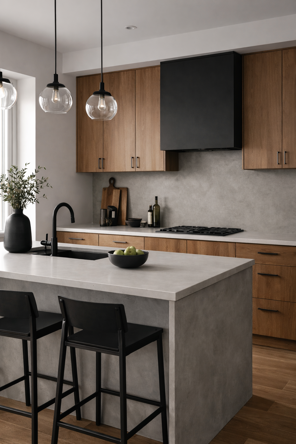 Cuisine moderne avec îlot en béton, plan de travail en blanc, armoires en bois naturel, murs gris, lampes suspendues en verre, quelques bouteilles et ustensiles sur le comptoir, et quelques pommes dans un bol.