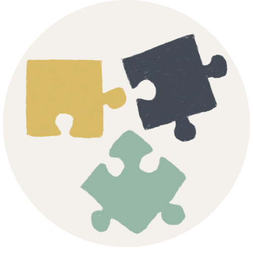 Cream circle with 3 multi-colored puzzle pieces scattered inside