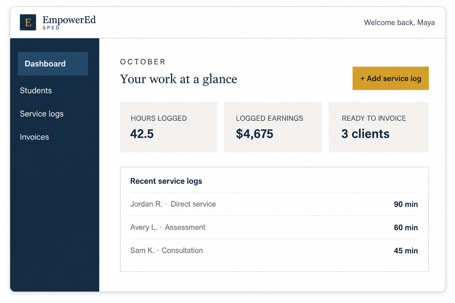 EmpowerEd SPED dashboard showing hours logged, earnings, invoices ready, and recent service logs.
