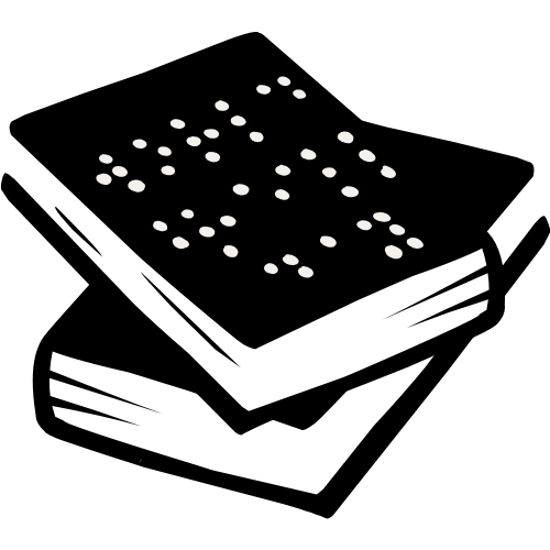 Two black books stacked on top of each other and the top book has braille on the cover