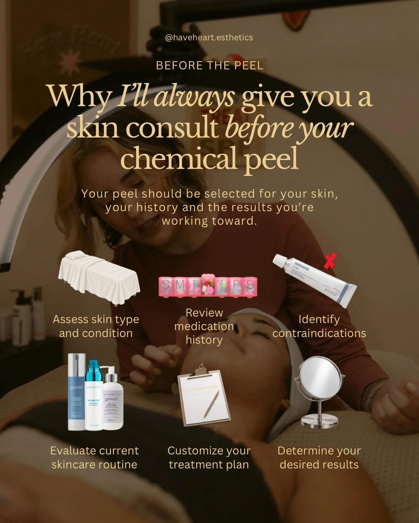 ✨ A chemical peel is NOT a one-size-fits-all situation, friend.

Before I put a peel anywhere near your face, I want to know what&rsquo;s actually going on with your skin. 👀

Your skin type + current condition, medications, homecare routine, recent 