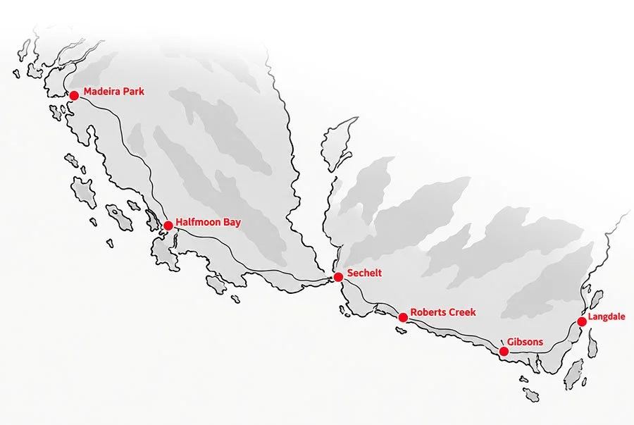 Map of Vancouver Island highlighting seven locations: Madeira Park, Halfmoon Bay, Sechelt, Roberts Creek, Gibson's, Langdale, all connected by a route.