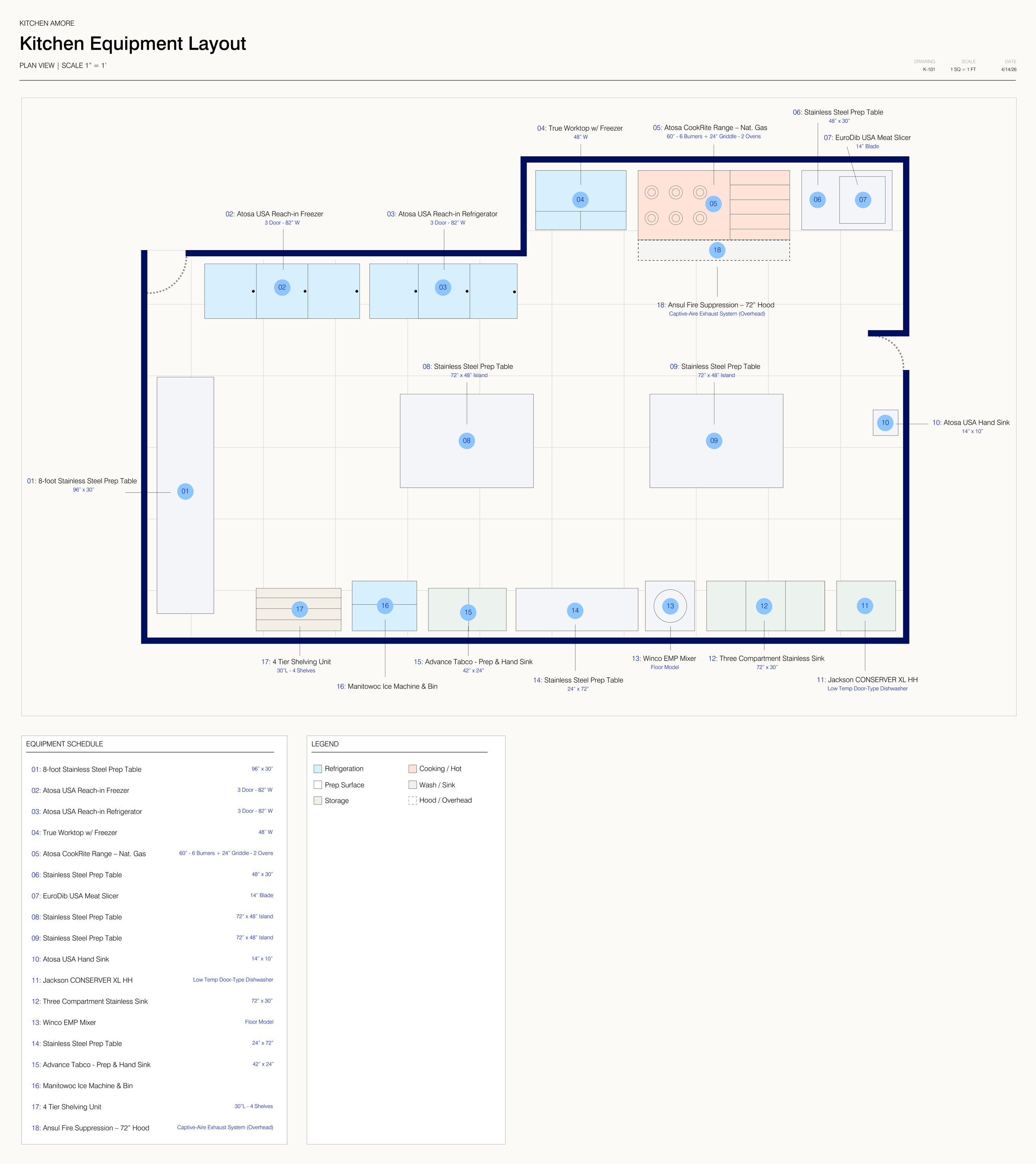 A detailed kitchen equipment layout plan showing various appliances, storage units, and work surfaces labeled with measurements and descriptions.