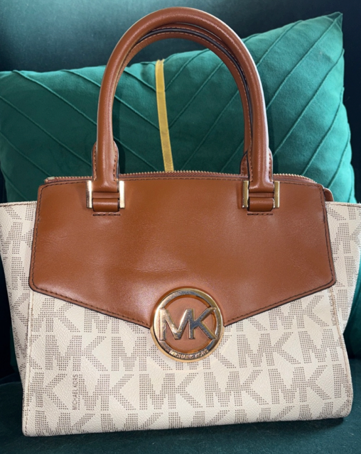 Michael Kors Hudson Satchel & Crossbody in Cream Logo with Brown leather