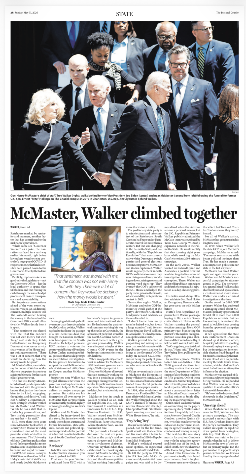 A newspaper page with a photo of Joe Biden walking behind several people including former Vice President, Bob Dole, and others, at a funeral in 2019. The headline reads "McMaster, Walker climbed together."