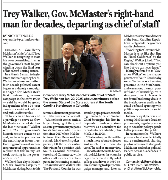 Newspaper article featuring Governor Henry McMaster of South Carolina speaking with Chief of Staff Trey Walker at the Statehouse in Columbia.