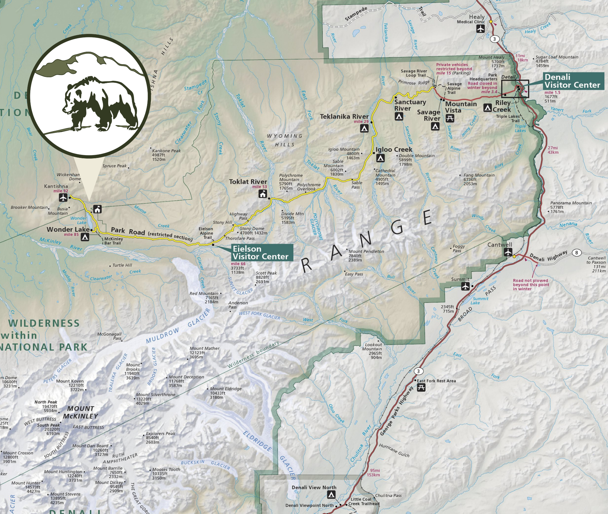 A map of Denali National Park with Camp Denali's location indicated on the map