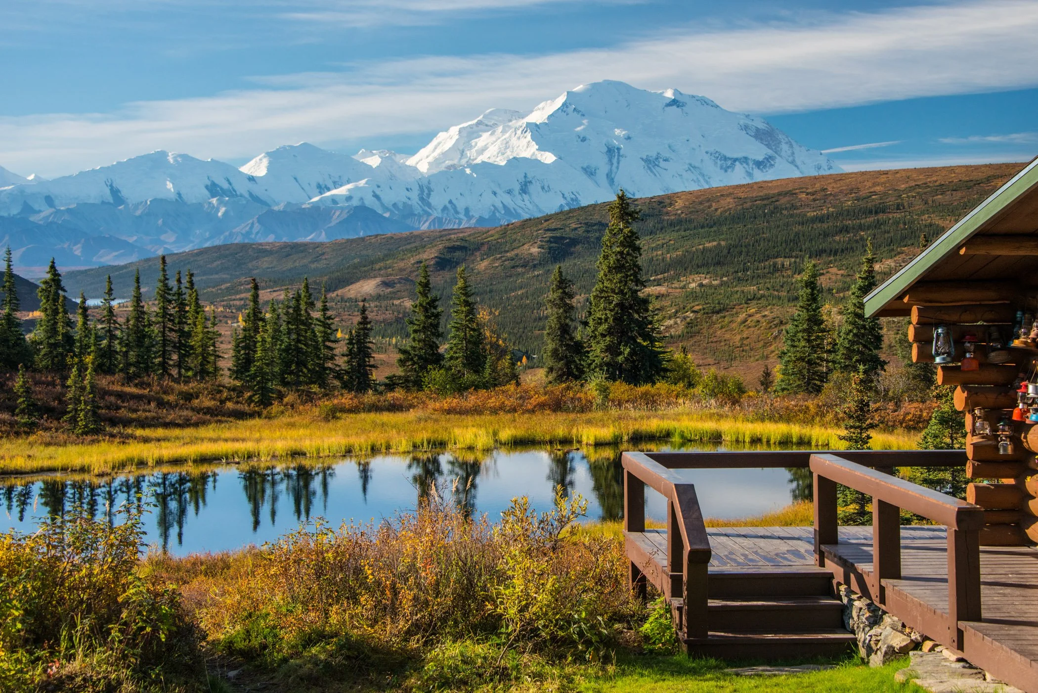 The Lodge at Camp Denali, showing Nugget Pond, Denali, and the Alaska Range