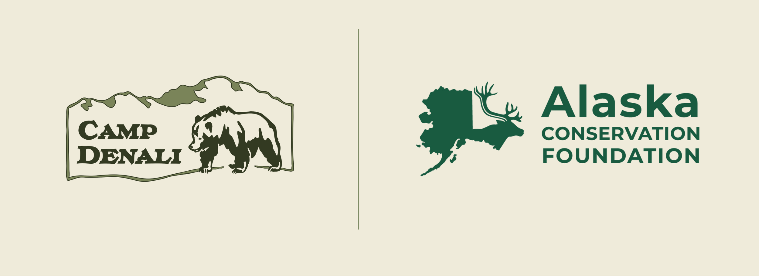 Logos of Camp Denali and the Alaska Conservation Foundation, with a bear and mountain outline on the left and a map of Alaska with antlers on the right.