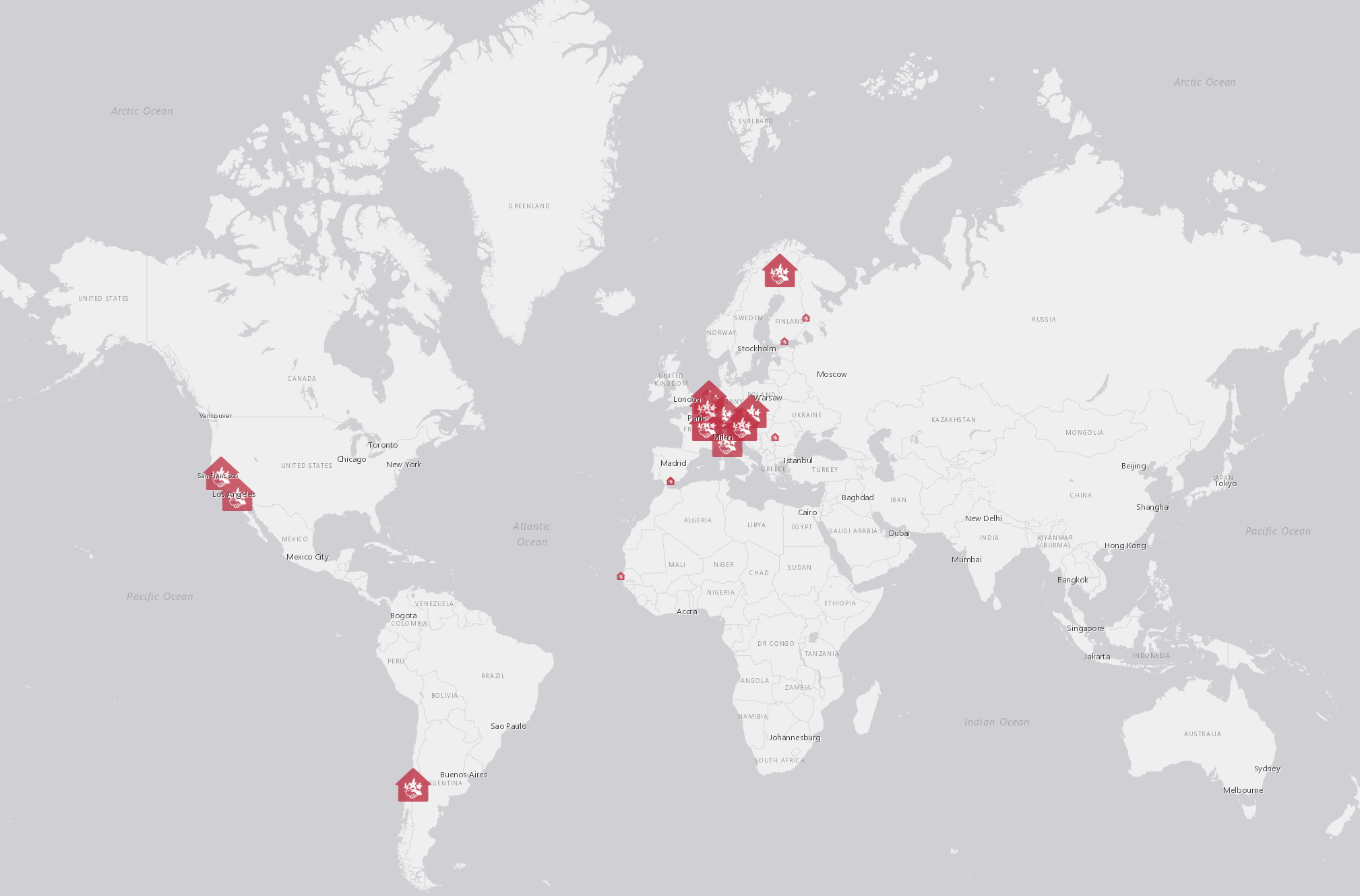 World map highlighting locations in Europe, South America, and the United States with red icons, including Stockholm, Madrid, Milan, London, Paris, Los Angeles, San Francisco, and Buenos Aires.