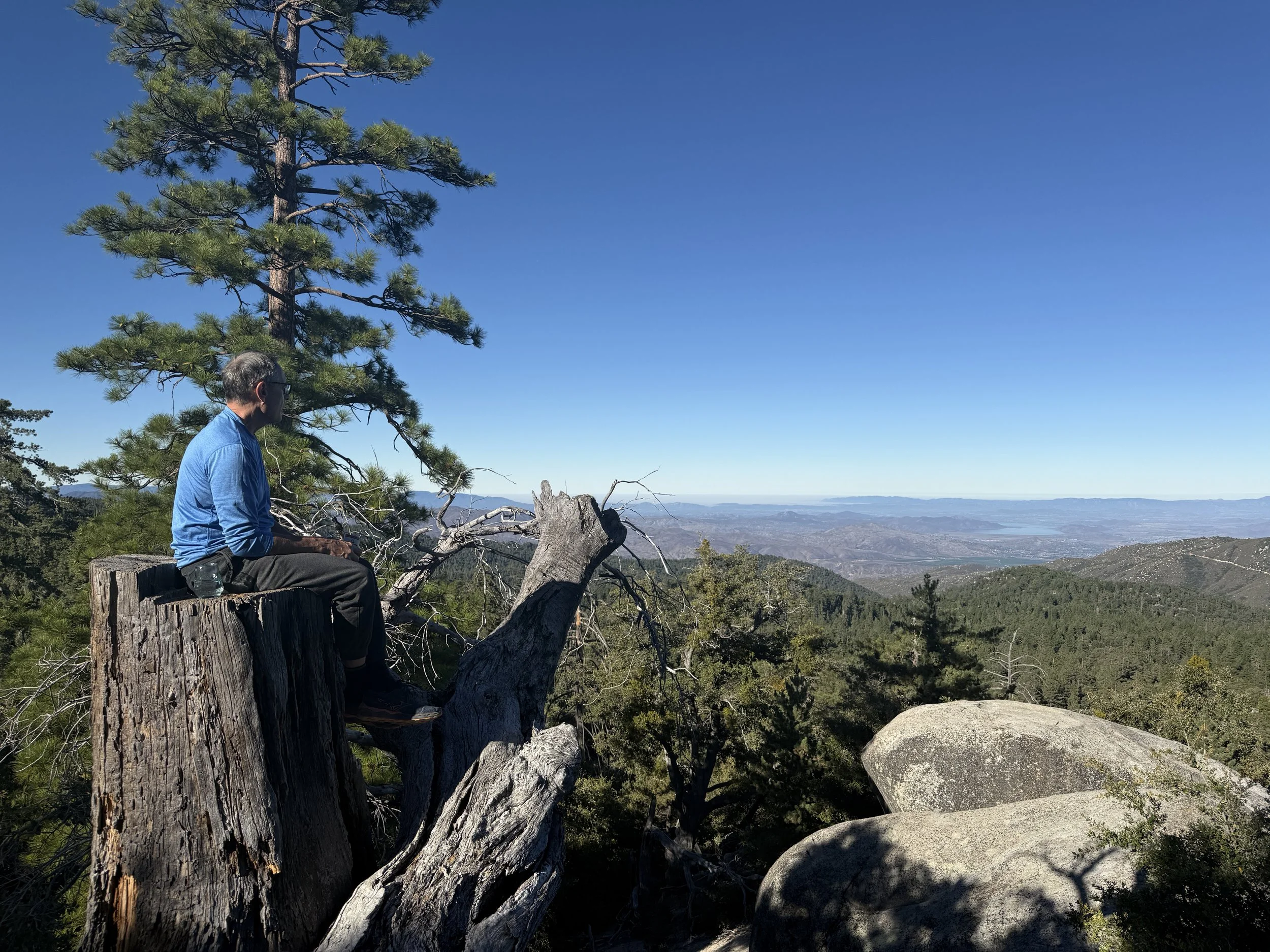 A man sitting on a large tree trunk at a scenic overlook on a mountain, with a pine tree nearby and a vast landscape of mountains, valleys, and a body of water in the distance under a clear blue sky.