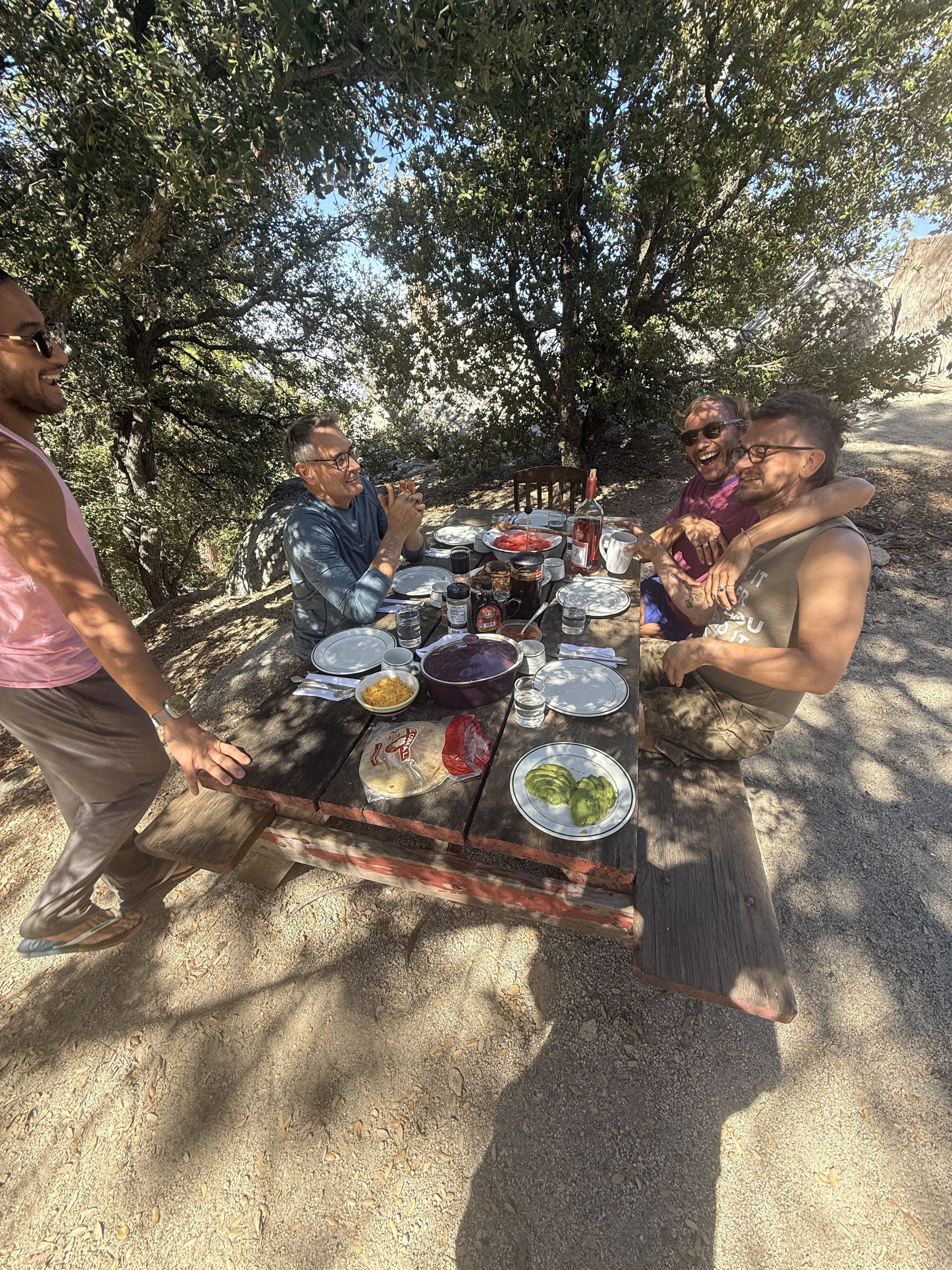 A group of five people enjoying a meal outdoors at a rustic wooden picnic table under a large tree, with sunlight filtering through the leaves, with plates of food, drinks, and condiments on the table.
