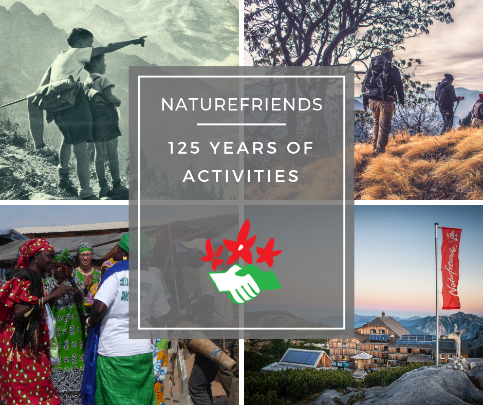 A collage of four images showing different outdoor activities, with overlay text that reads "Naturefriends 125 Years of Activities" and a logo of a handshake with red birds and flowers.