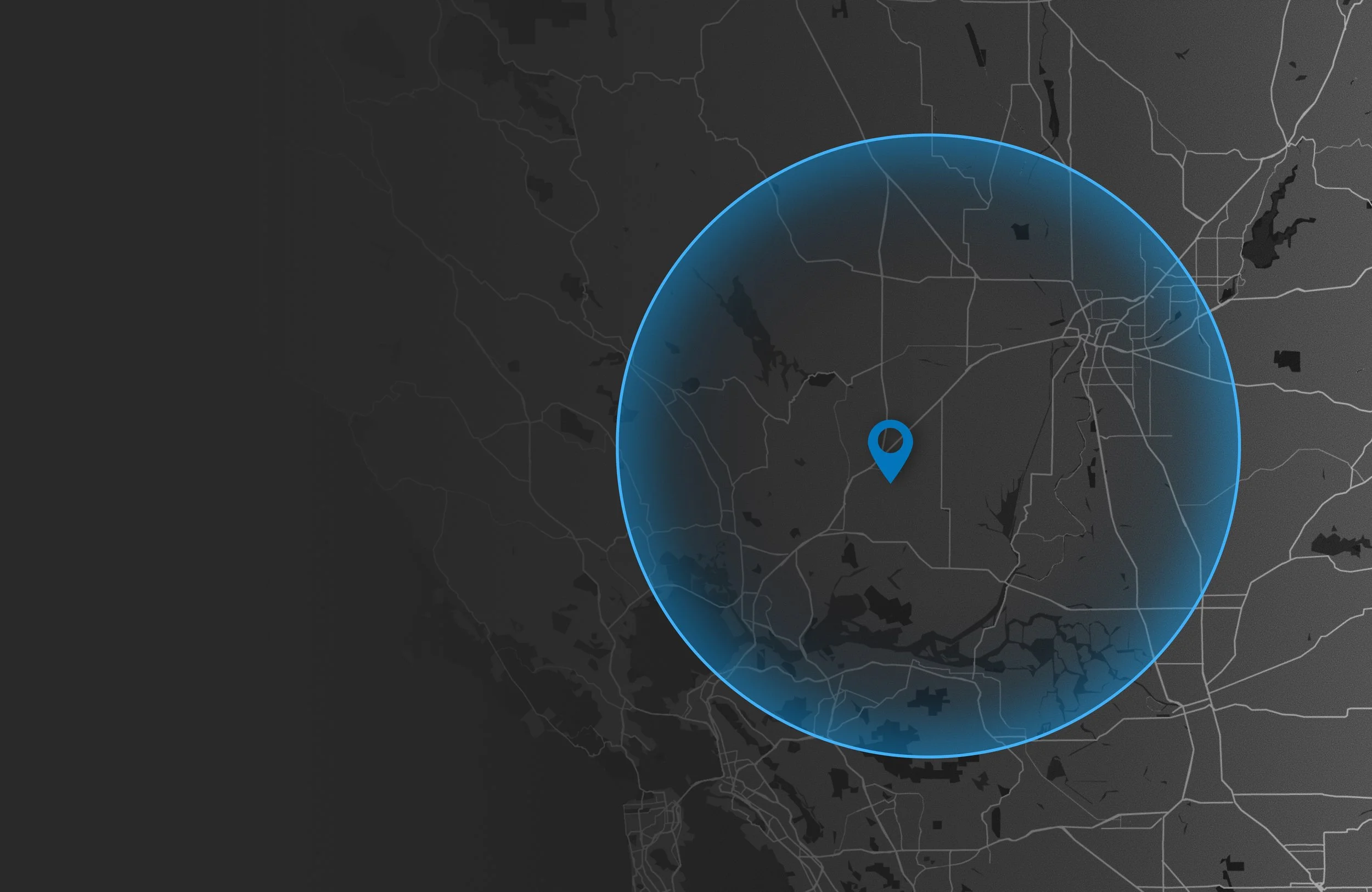 Digital map focused on the state of Texas with a blue location pin and a circular blue highlight around the city of Austin.