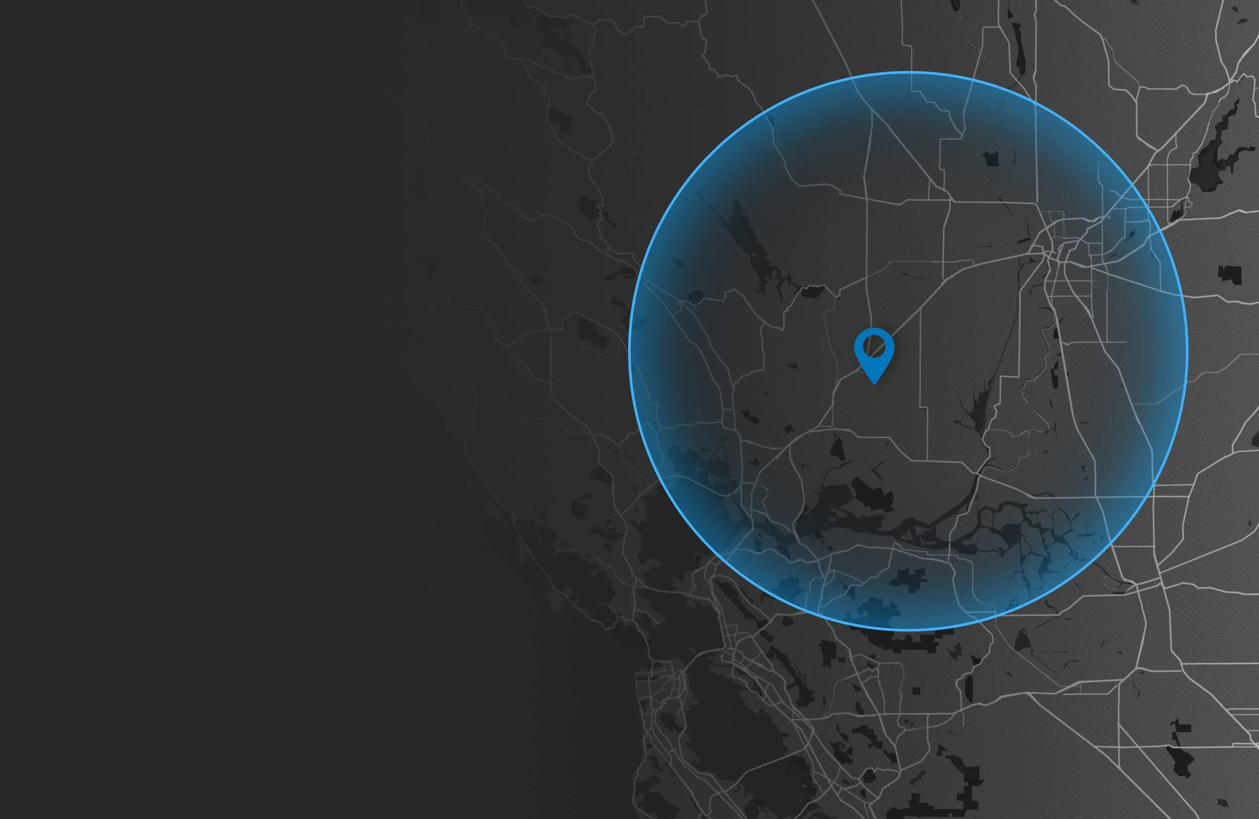 A map of the Seattle metropolitan area with a blue circular coverage ring centered on a blue location pin.