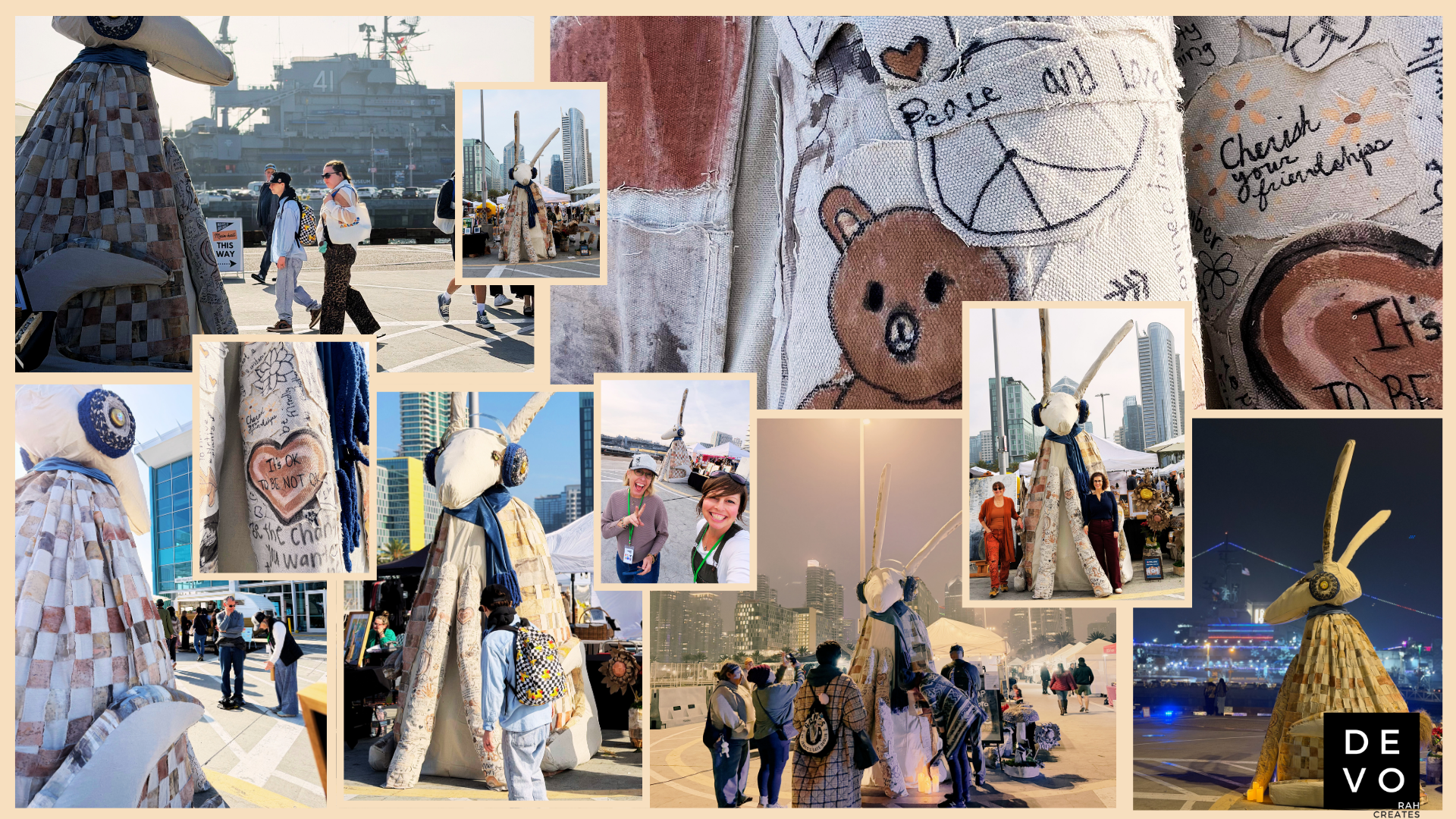 A collage of photos from an outdoor event featuring large rabbit sculpture made of patchwork fabric. Lumie, the rabbit sculpture by artist Devorah Ungerleider, has long ears, round heads, and headphones. People are seen interacting with the sculpture