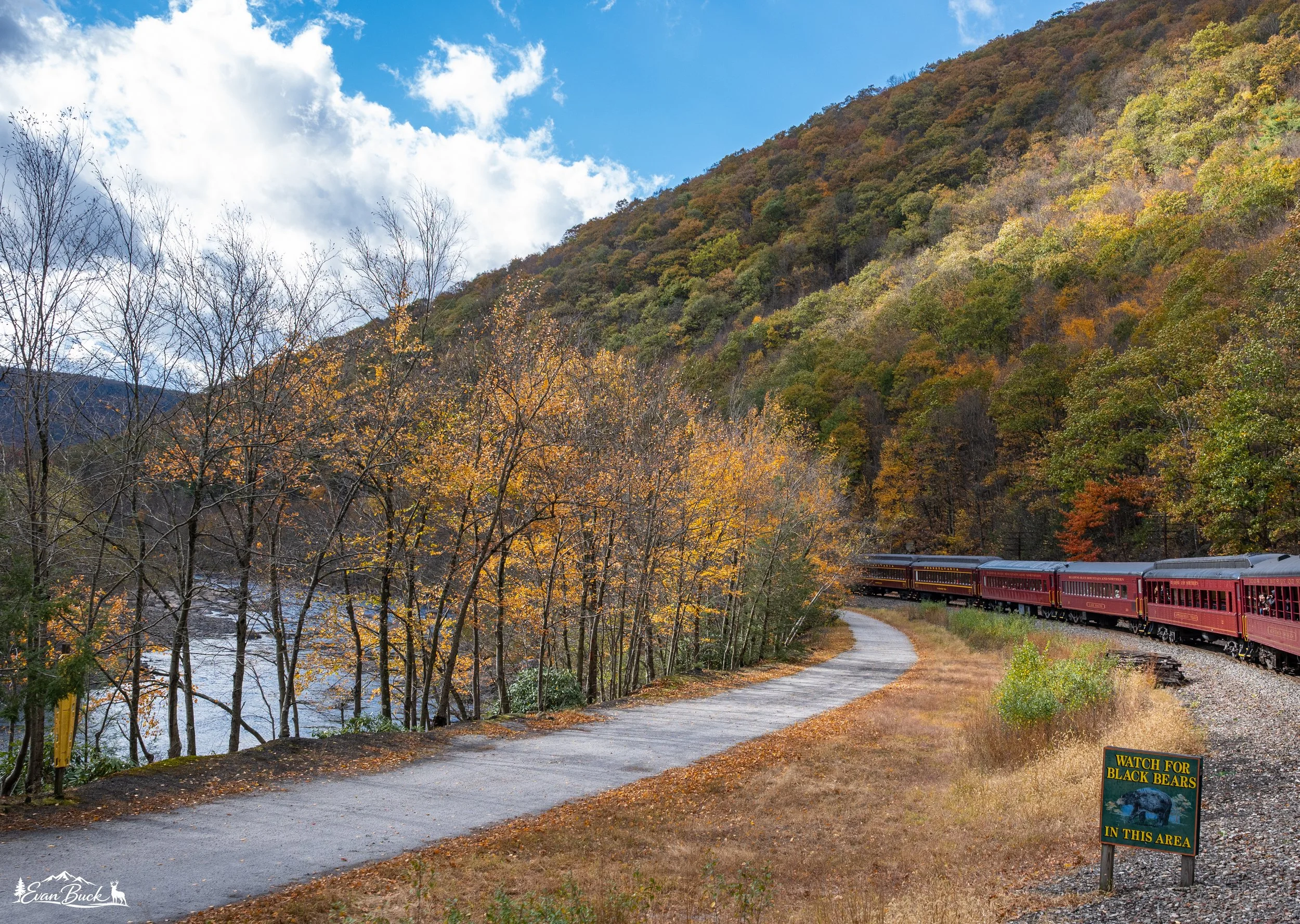 A scenic landscape with a river on the left, a winding walking trail, and a red train moving along the track on the right. The river is bordered by trees with autumn foliage, and a hillside covered with trees in fall colors rises in the background. A