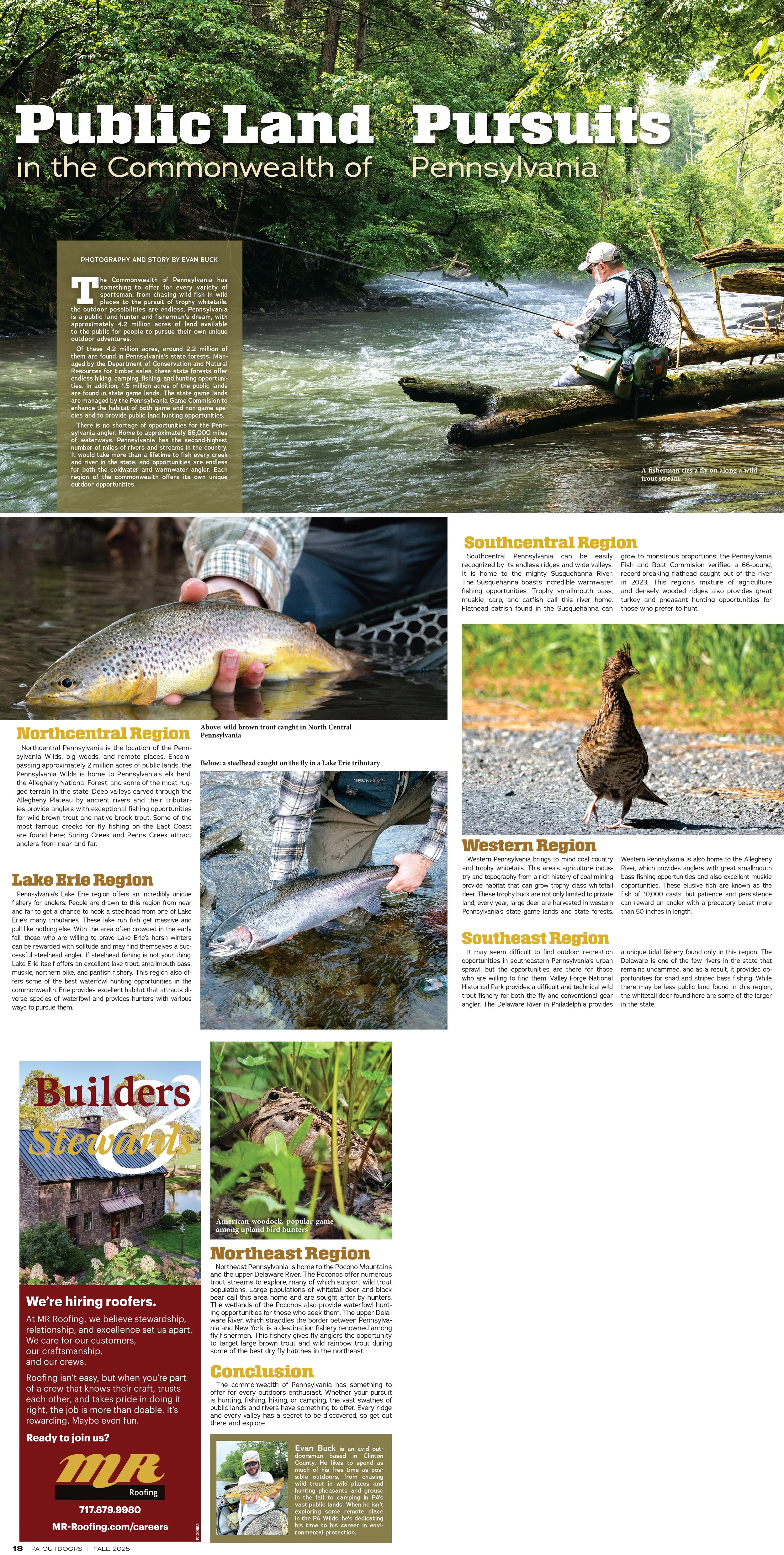 A magazine spread titled 'Public Land Pursuits in the Commonwealth of Pennsylvania', featuring images of a man fishing in a river, a rainbow trout, a grouse bird, a duck, a groundhog, and a woodchuck, with informational text about different regions and outdoor activities in Pennsylvania.