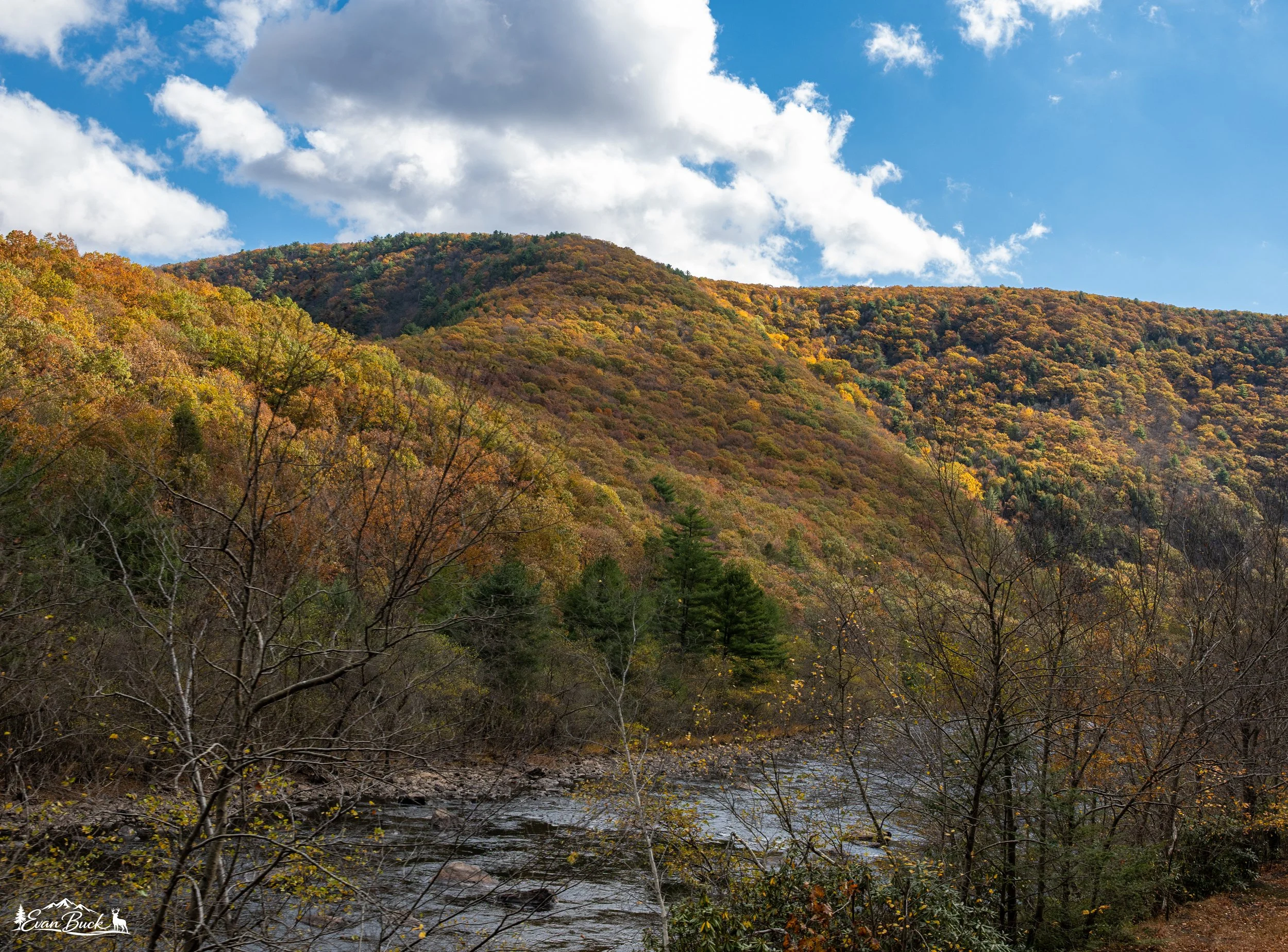 A scenic view of a mountain covered in fall foliage with a river flowing in the foreground, under a partly cloudy blue sky.