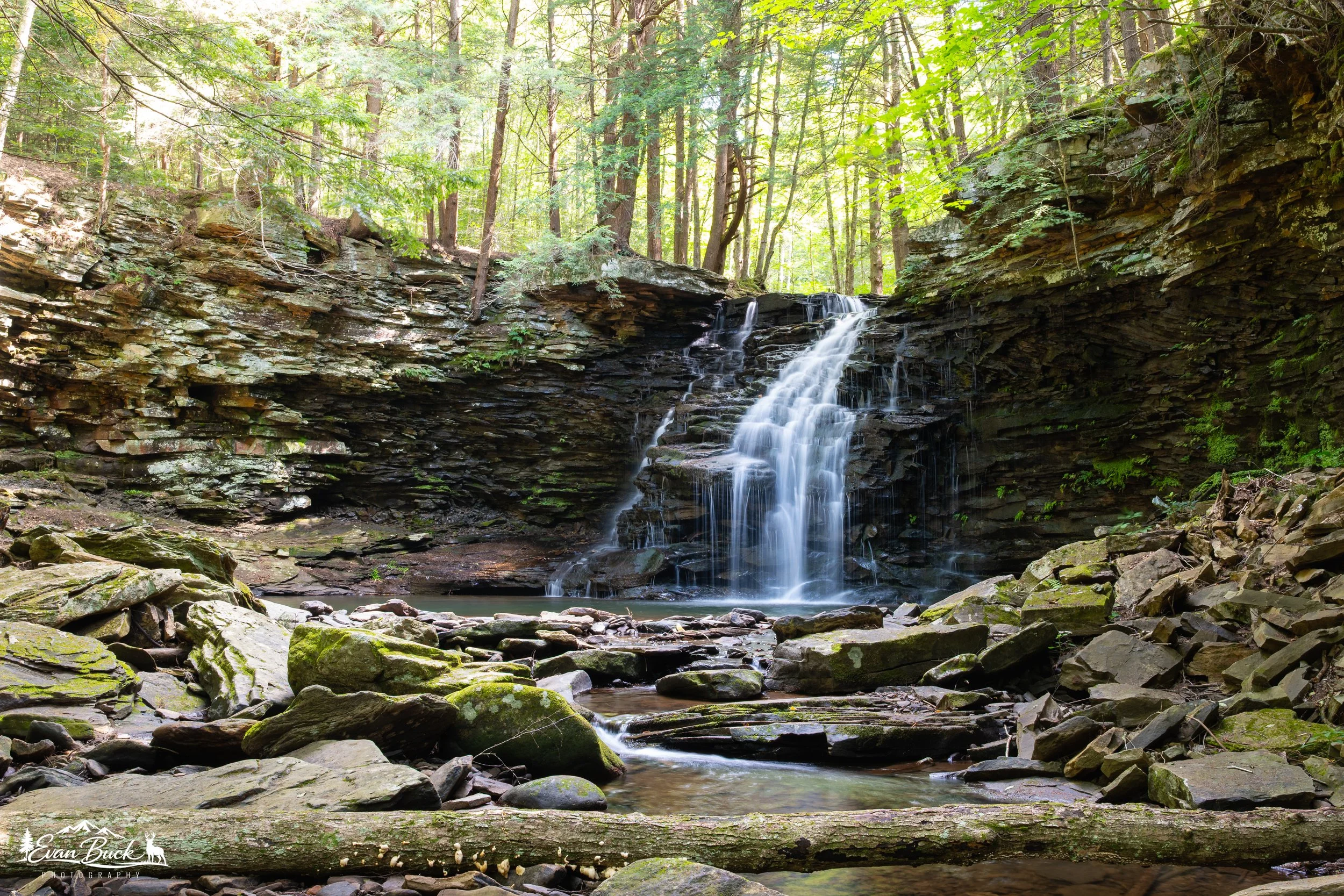 A small waterfall cascading down layered rocks in a lush green forest. Sunlight filters through the trees, illuminating the scene.