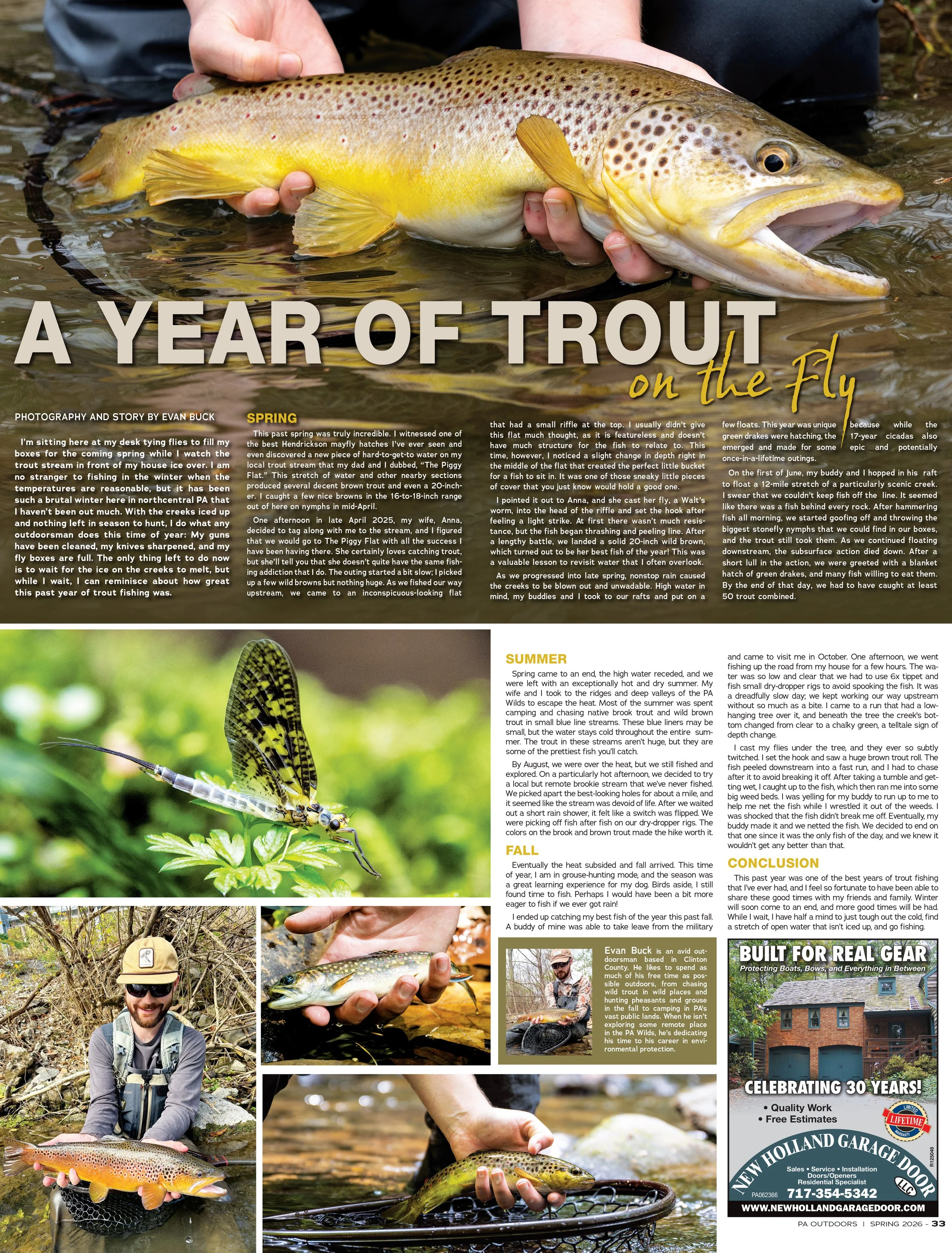 A man holding a large trout in a shallow stream, with a story about a year of trout fishing, accompanied by photos of a man with a fishing net, a man with a fish, and a butterfly on a twig.
