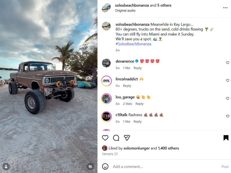 An Instagram post featuring a lifted vintage brown truck parked on sandy beach with palm trees and a body of water in the background.