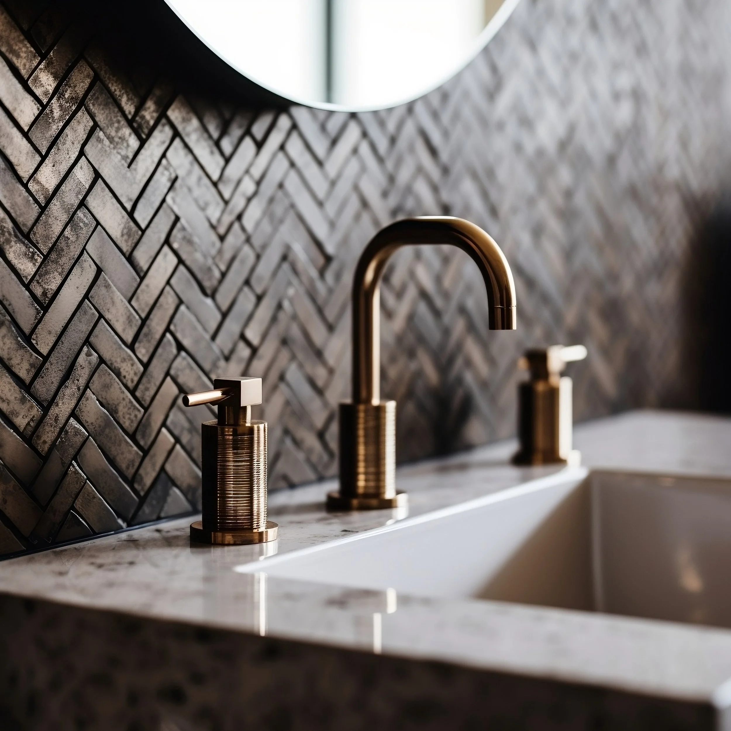 Close-up of a modern bathroom sink with a gold faucet and matching soap dispensers, set against a dark, textured herringbone tile wall.