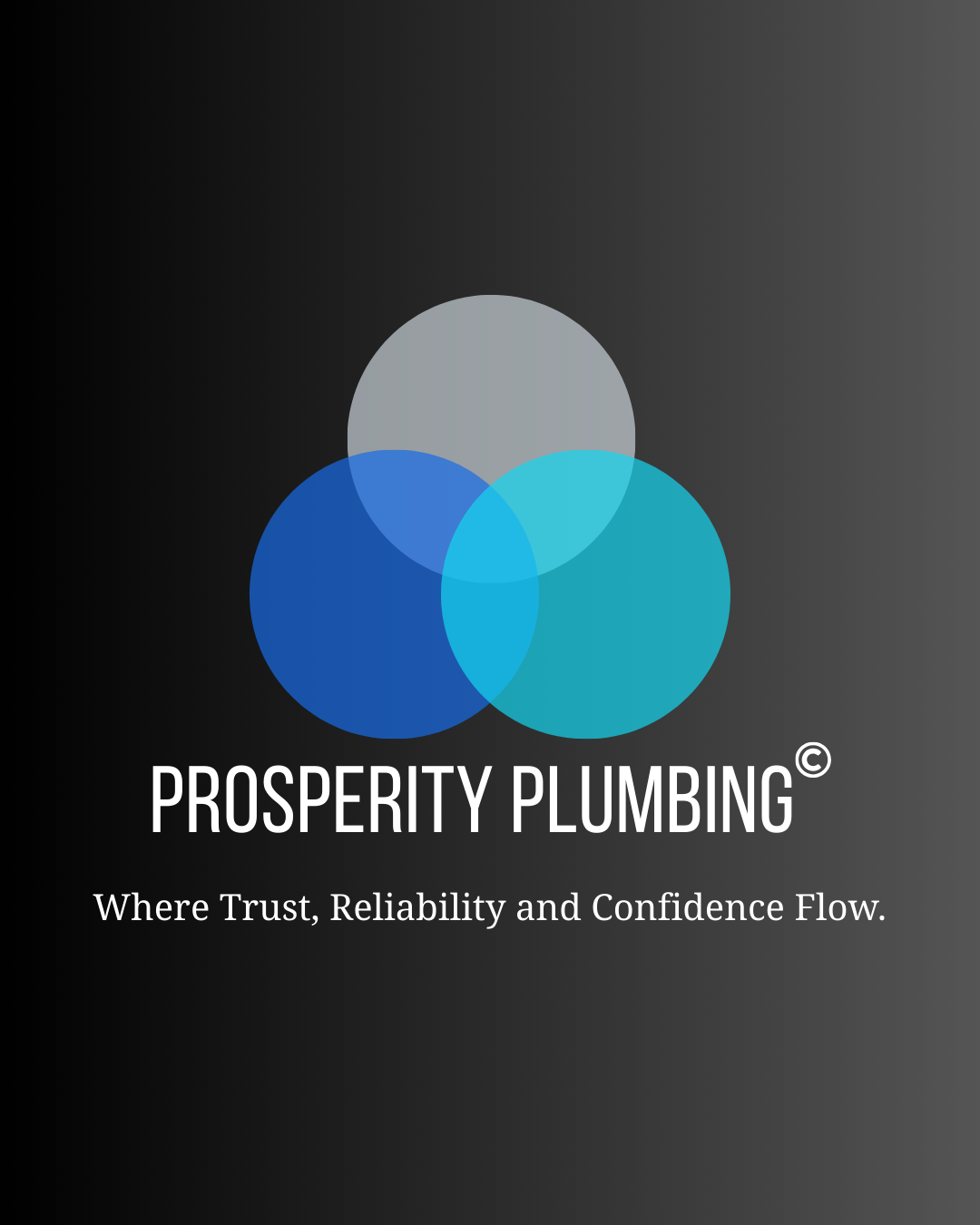 Logo for Prosperity Plumbing with three overlapping circles in gray, blue, and teal, and the slogan 'Where Trust, Reliability and Confidence Flow' on black background.
