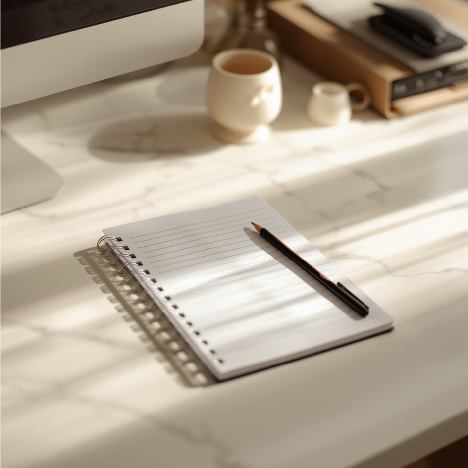 A spiral notebook with lined paper and a black pen on a white marble desk. In the background, there are two cream-colored mugs, a small container, and a wooden tray holding some office supplies.