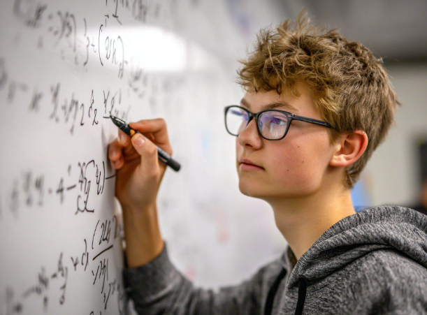 Teenager writing math equations on whiteboard in classroom