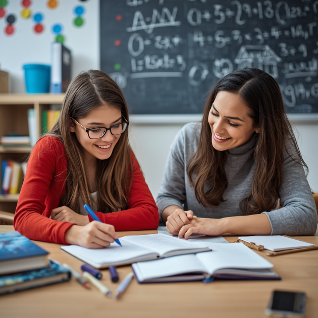 A young girl and woman studying together at a desk in a classroom, with books and writing supplies, and a chalkboard with math equations in the background.
