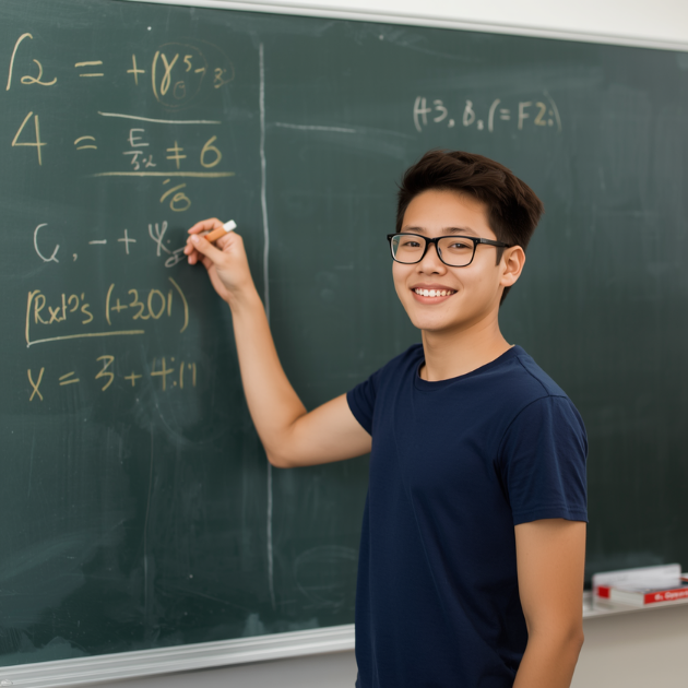 A young boy in glasses smiling while writing math equations on a classroom chalkboard.