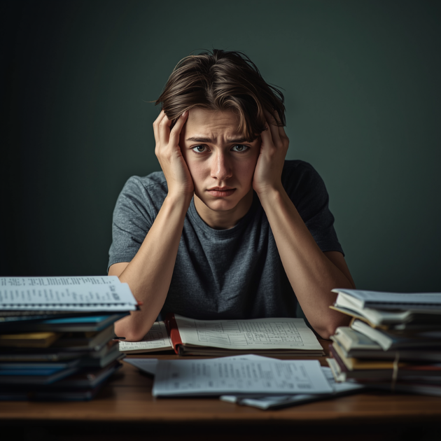 Young man sitting at a cluttered desk, holding his head with a distressed expression, surrounded by piles of open books and notebooks.