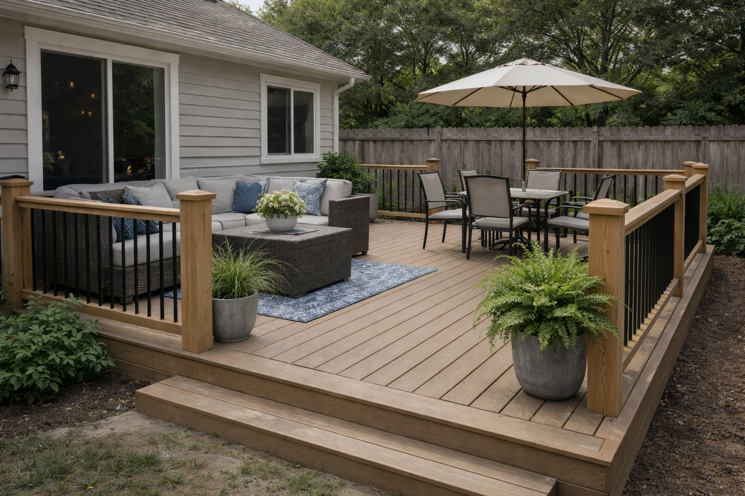 Wooden backyard deck with outdoor furniture, including a wicker seating area with cushions and a dining table with chairs and a large umbrella, surrounded by potted plants and a wooden fence.