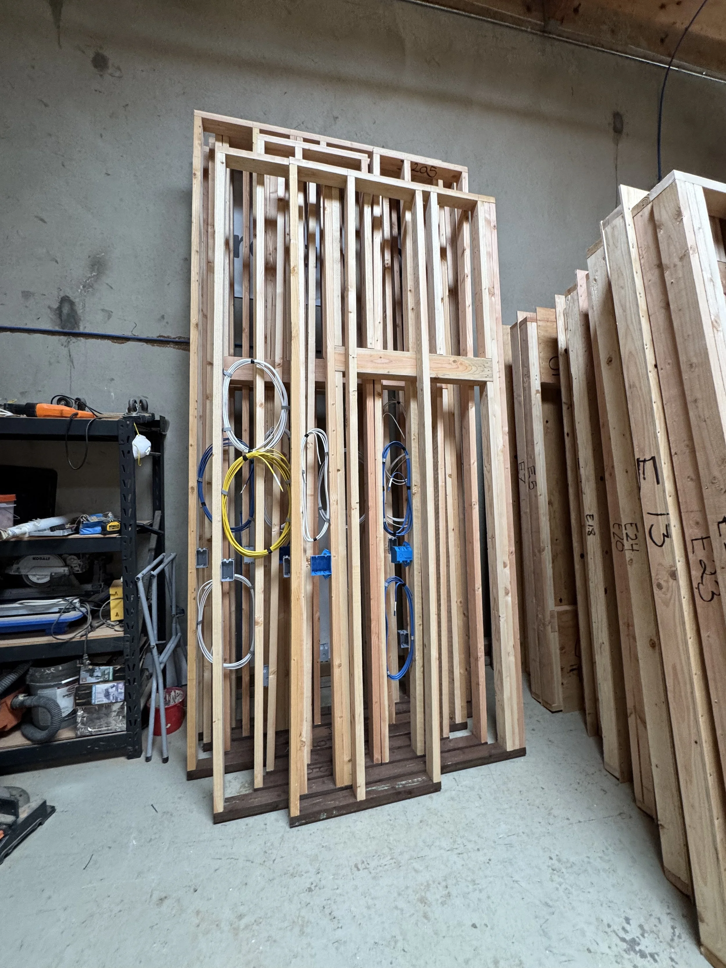 Wooden framing and electrical wiring in a construction site