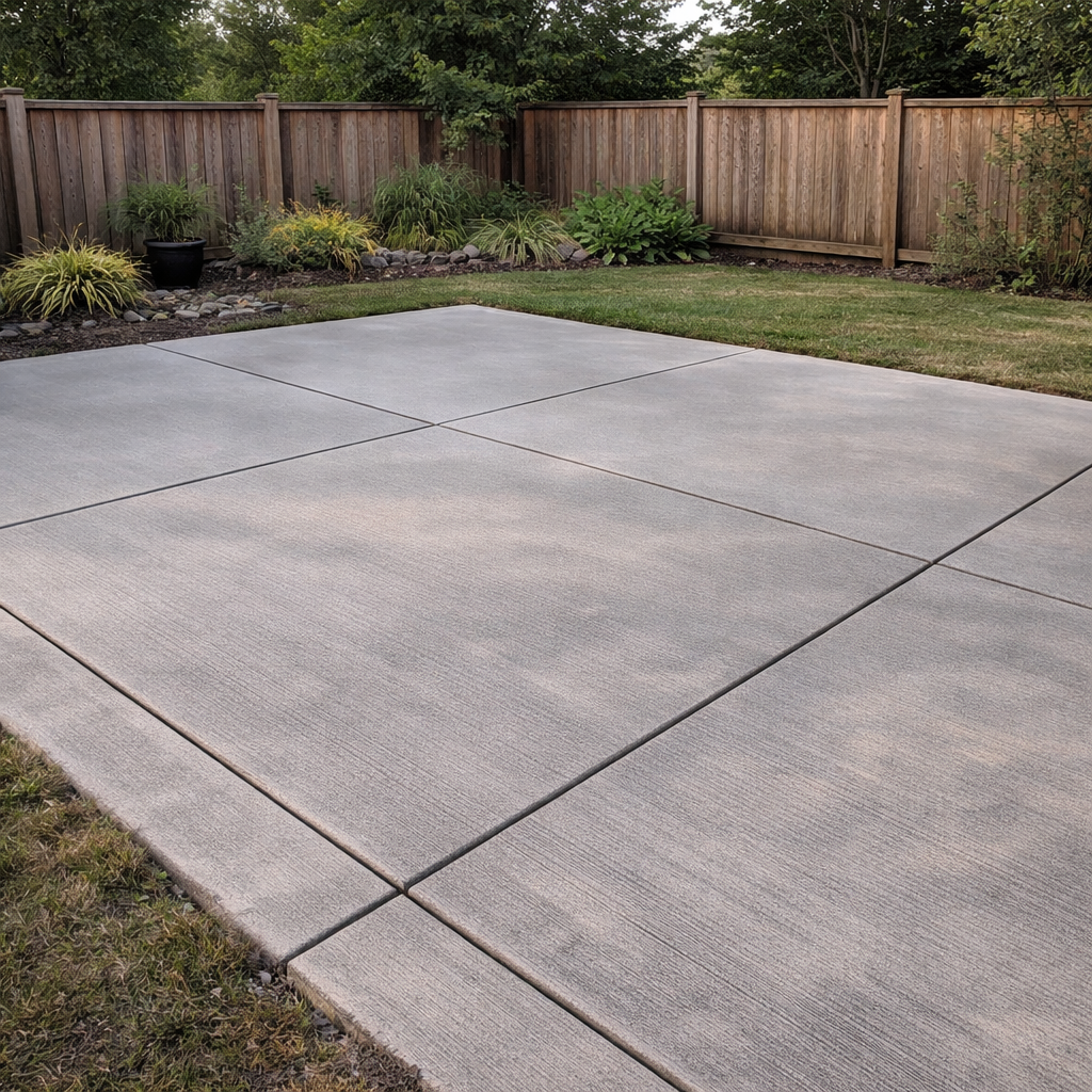 Concrete Patio installation with a clean broom finish and control joints in Vacaville California backyard