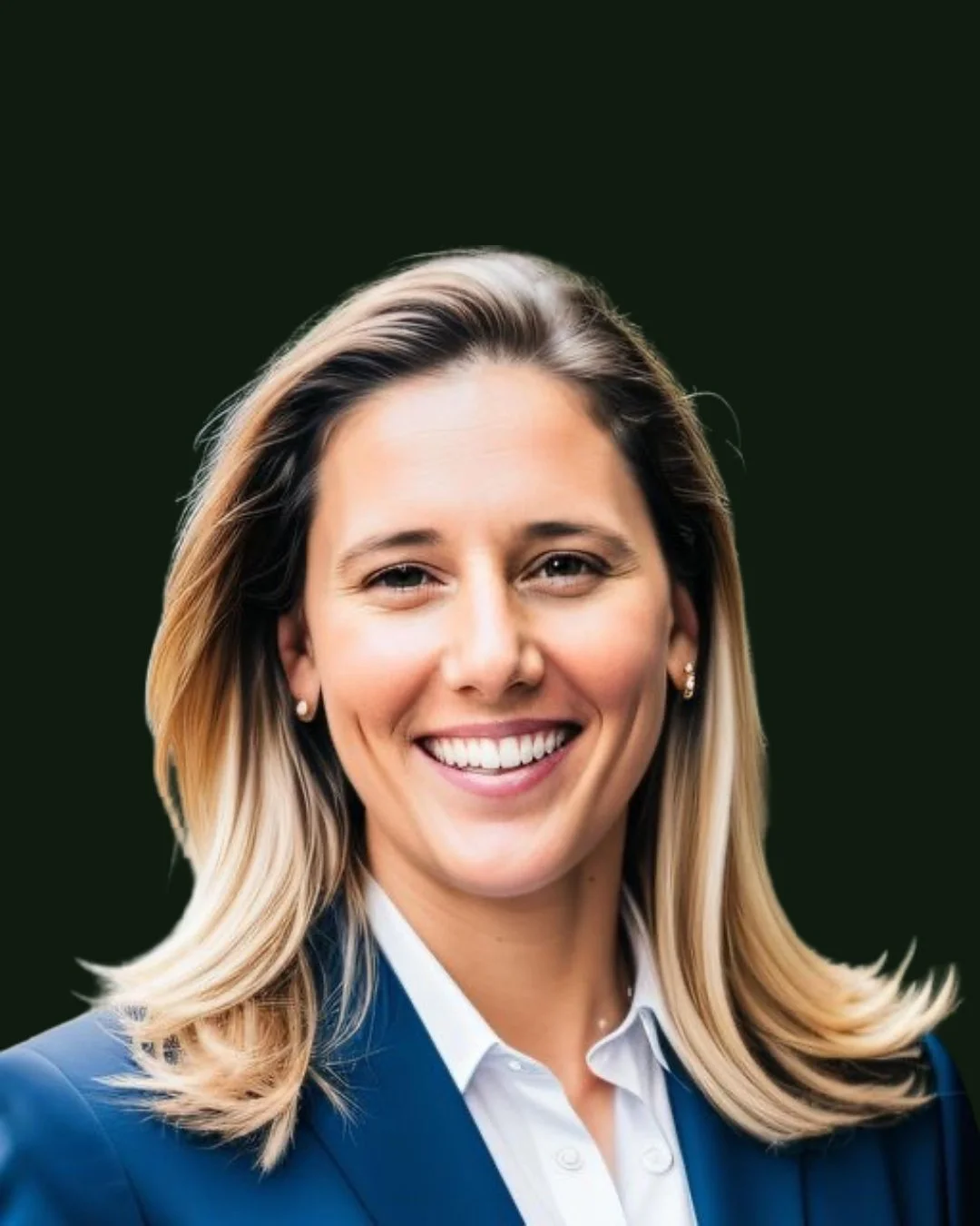 A smiling woman with blonde hair wearing a blue blazer and a white collared shirt against a dark background.