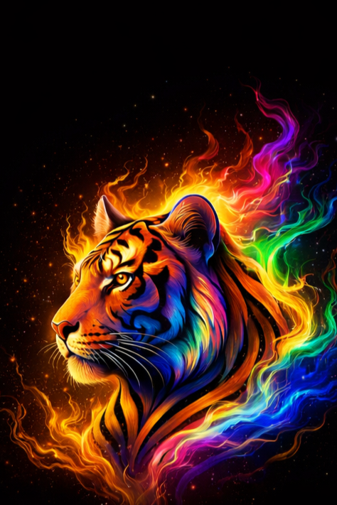 Colorful tiger portrait with a fiery rainbow-colored mane and vibrant flames surrounding its head against a dark background.