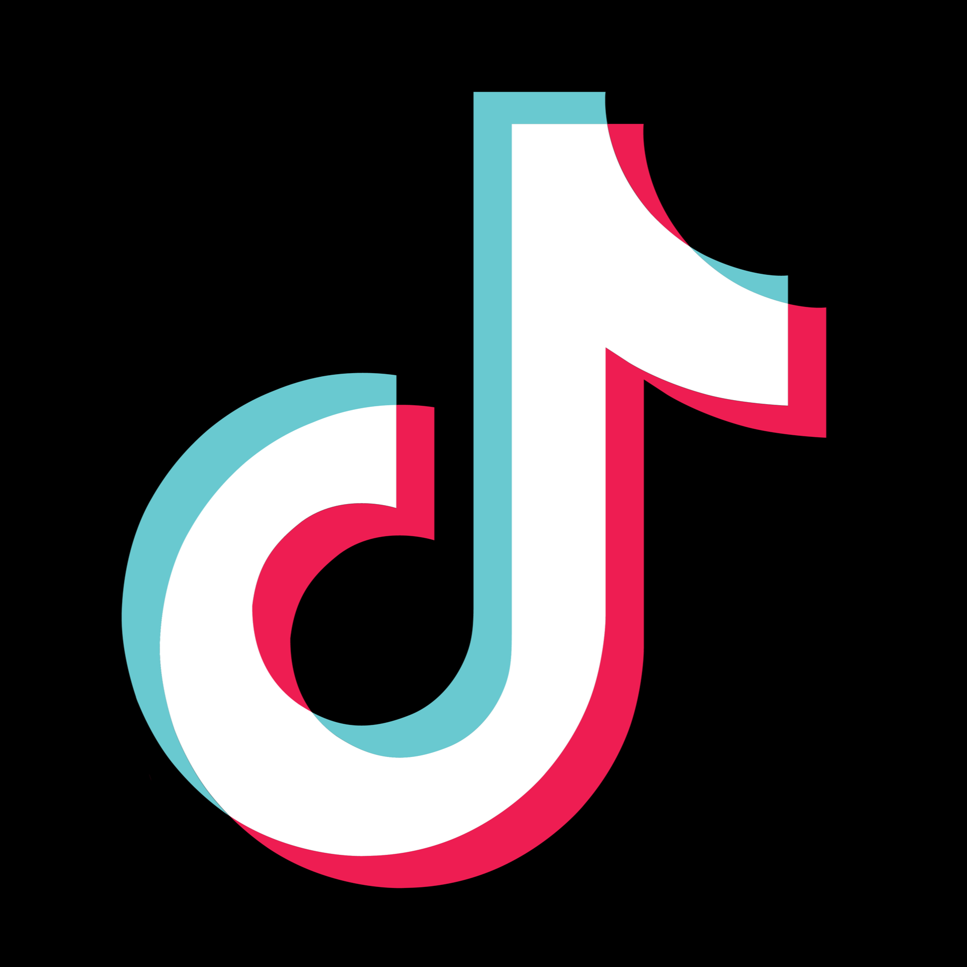 Colorful TikTok logo with overlapping shadows on black background.
