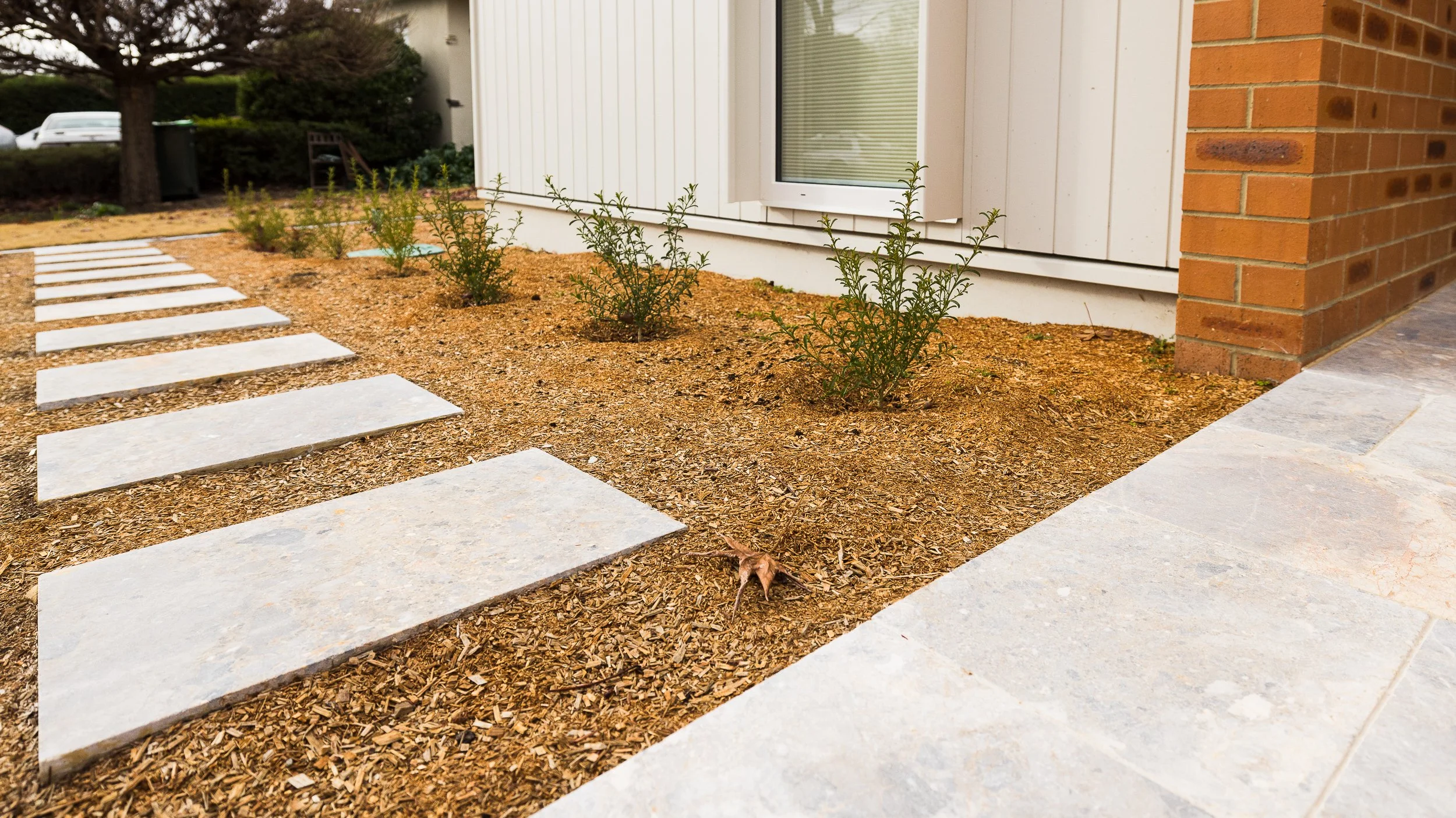 A newly landscaped front yard with a pathway of large rectangular stepping stones, small bushes planted along a house wall, and mulch covering the ground.