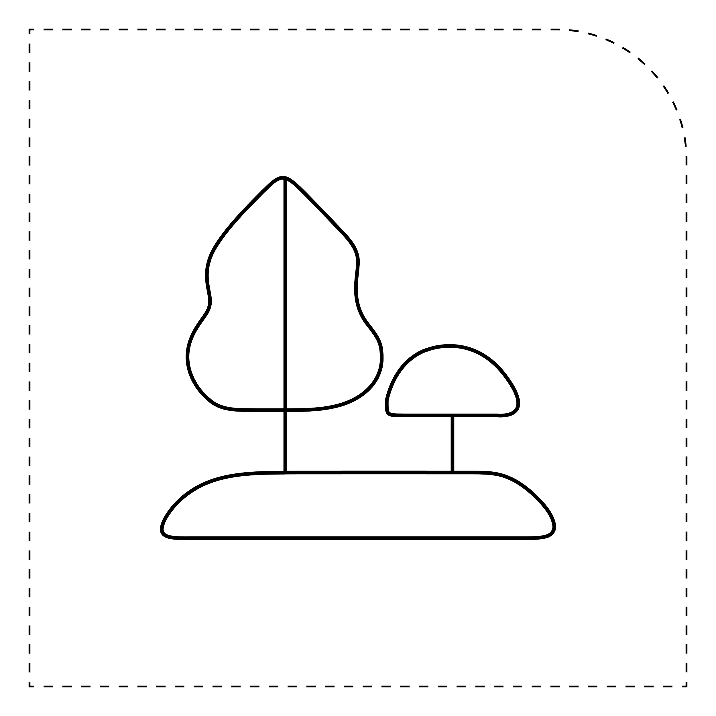 Line drawing of two tree-shaped lamps on a curved base, with a taller tree and a smaller mushroom-shaped tree in a simplistic style.
