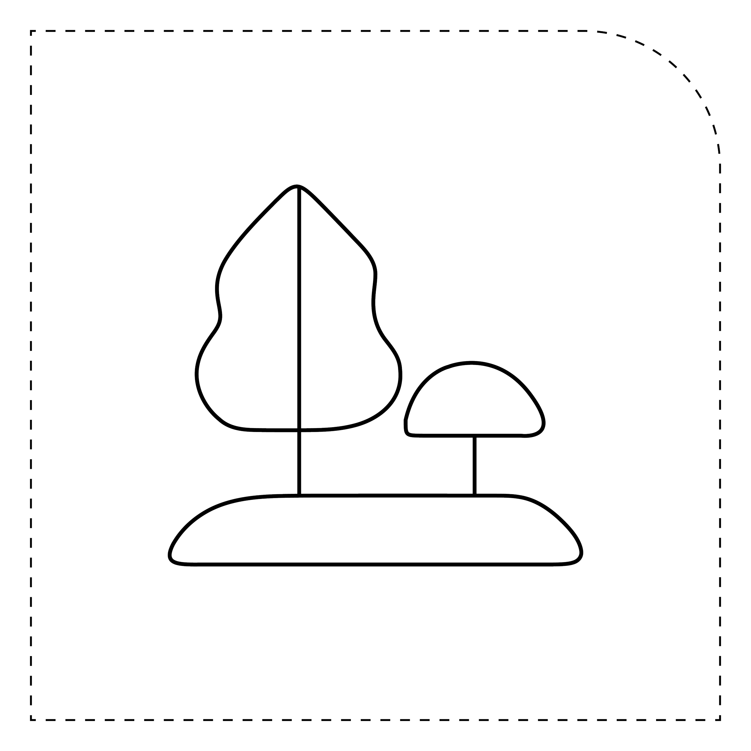 Line drawing of a tree and mushroom on a rounded base, background black with white outline.