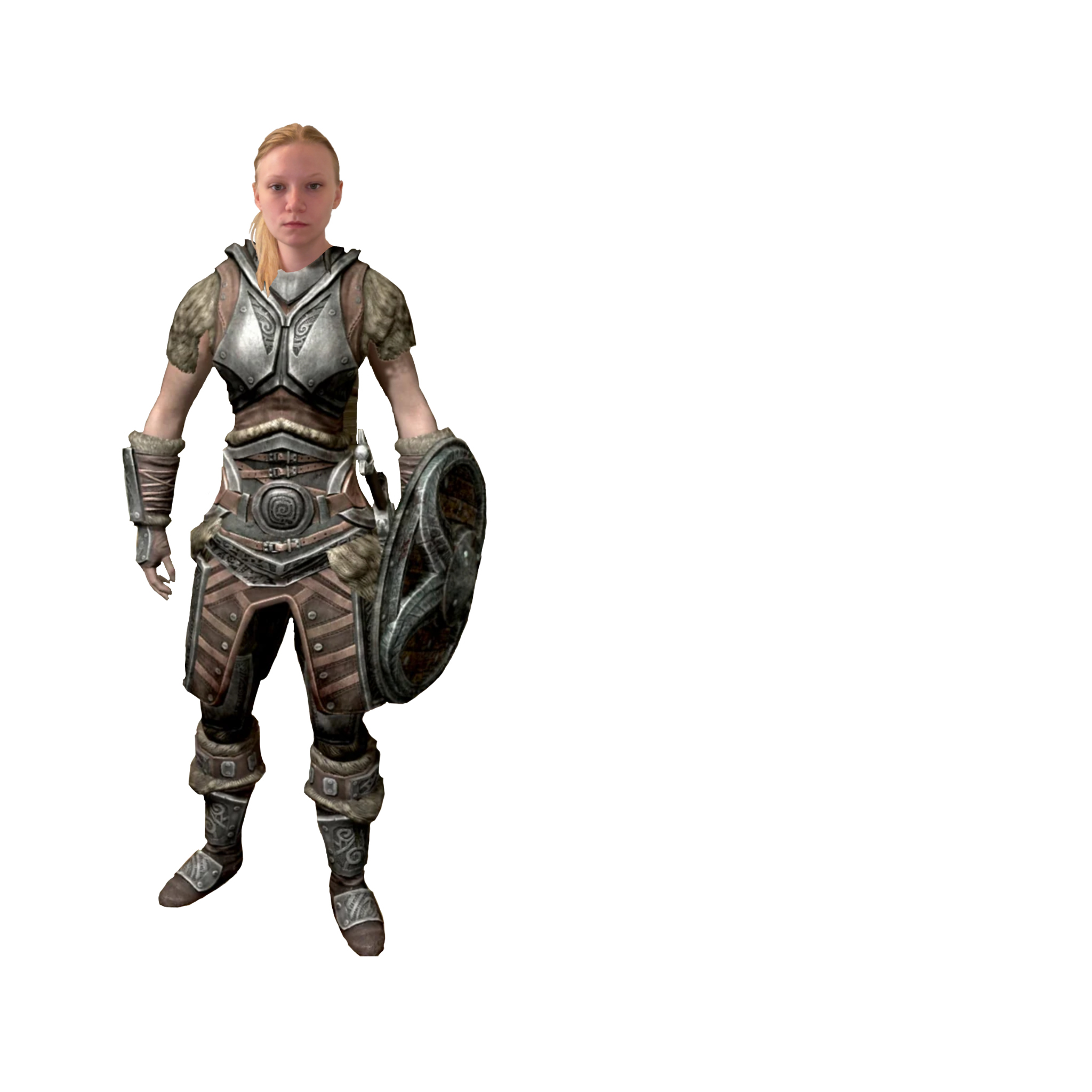 A woman dressed in medieval-style armor holding a round shield, with long blonde hair, standing against a distorted background with horizontal lines.