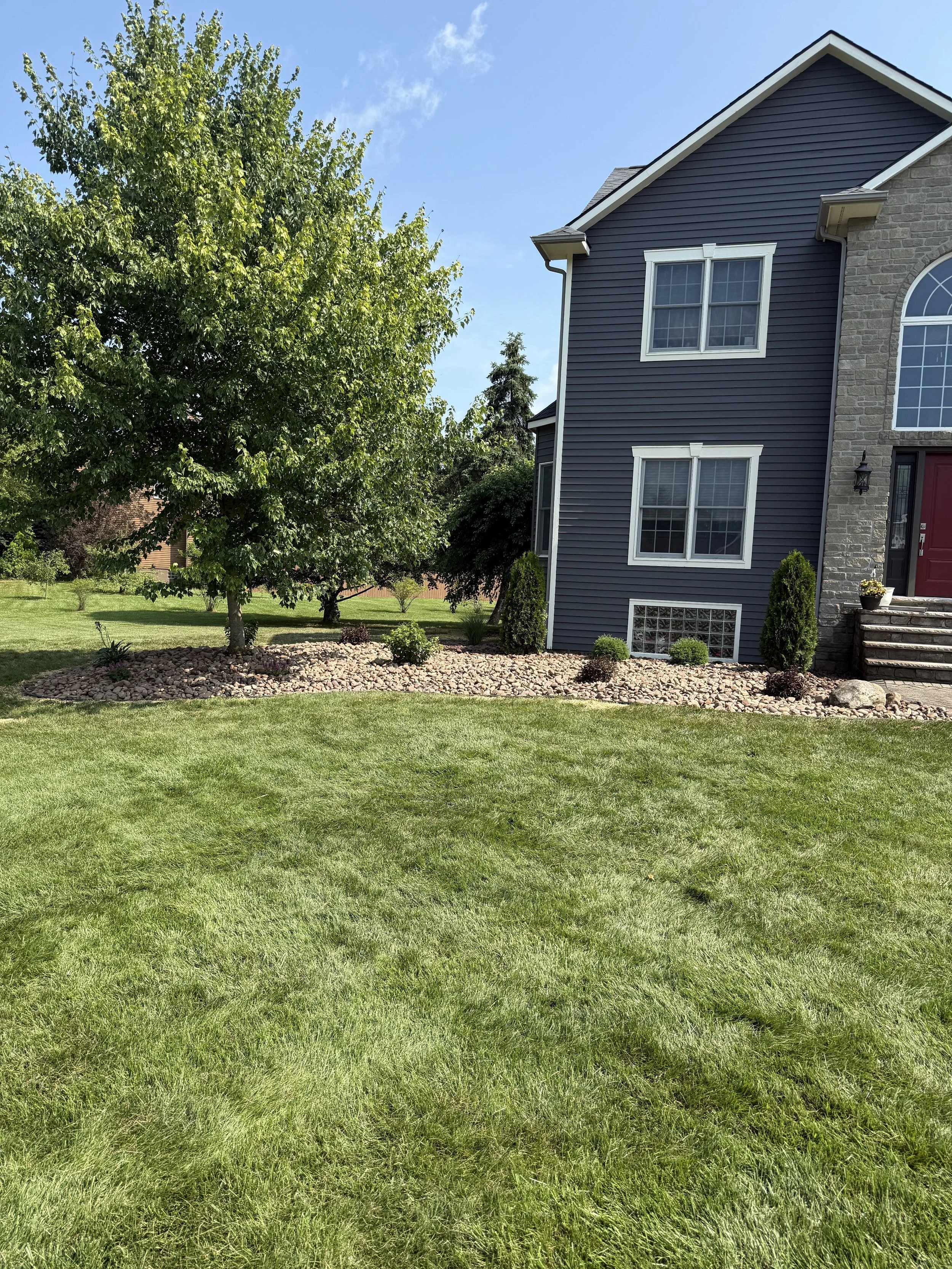Front yard of a house with a well-maintained lawn, a large tree, and a house with blue siding, stone accents, and stairs leading to the front door.