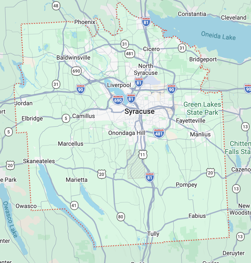 Map showing Syracuse, New York and surrounding areas, including highways, cities, lakes, and parks.