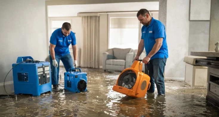 Two men in blue uniforms are using dehumidifiers and fans to dry out a flooded living room with water covering the floor.