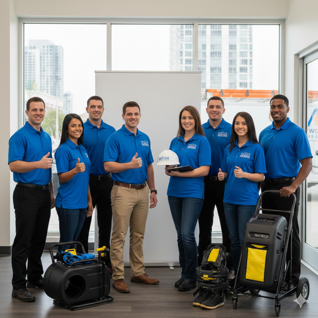 Group of eight people in blue shirts standing inside a room with large windows, construction tools, and equipment, smiling at the camera.